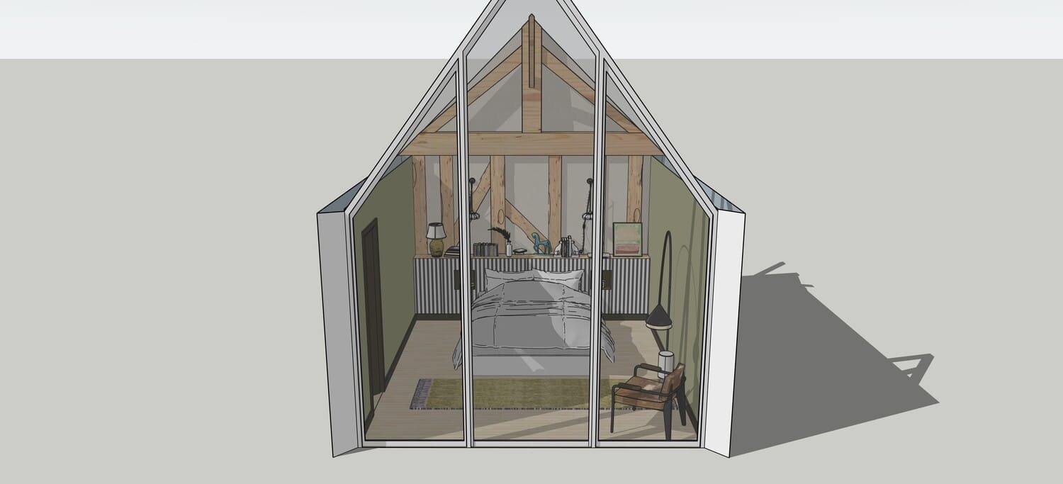 Chambre sous combles avec pignon vitré et ossature bois apparente
